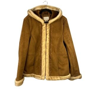 Penny Lane Faux Suede/Fur Shearling Embroidered Hooded Coat SX L Boho Hippie